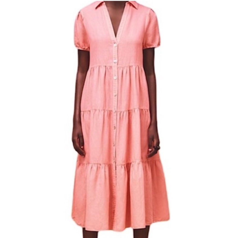 Zara a-line coral pink tiered midi dress size M short sleeves Linen blend v-neck